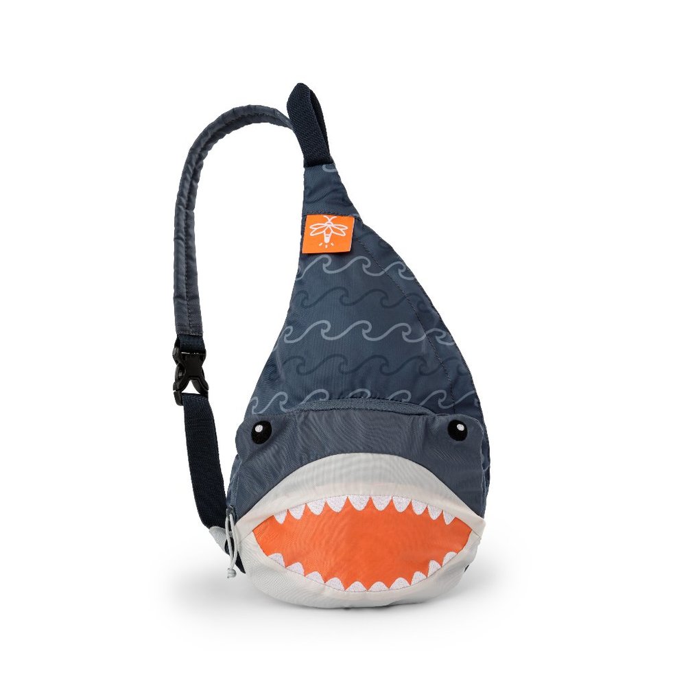 Firefly! Outdoor Gear Finn the Shark Sling Backpack, Navy and Gray, 3 Liter, Kid